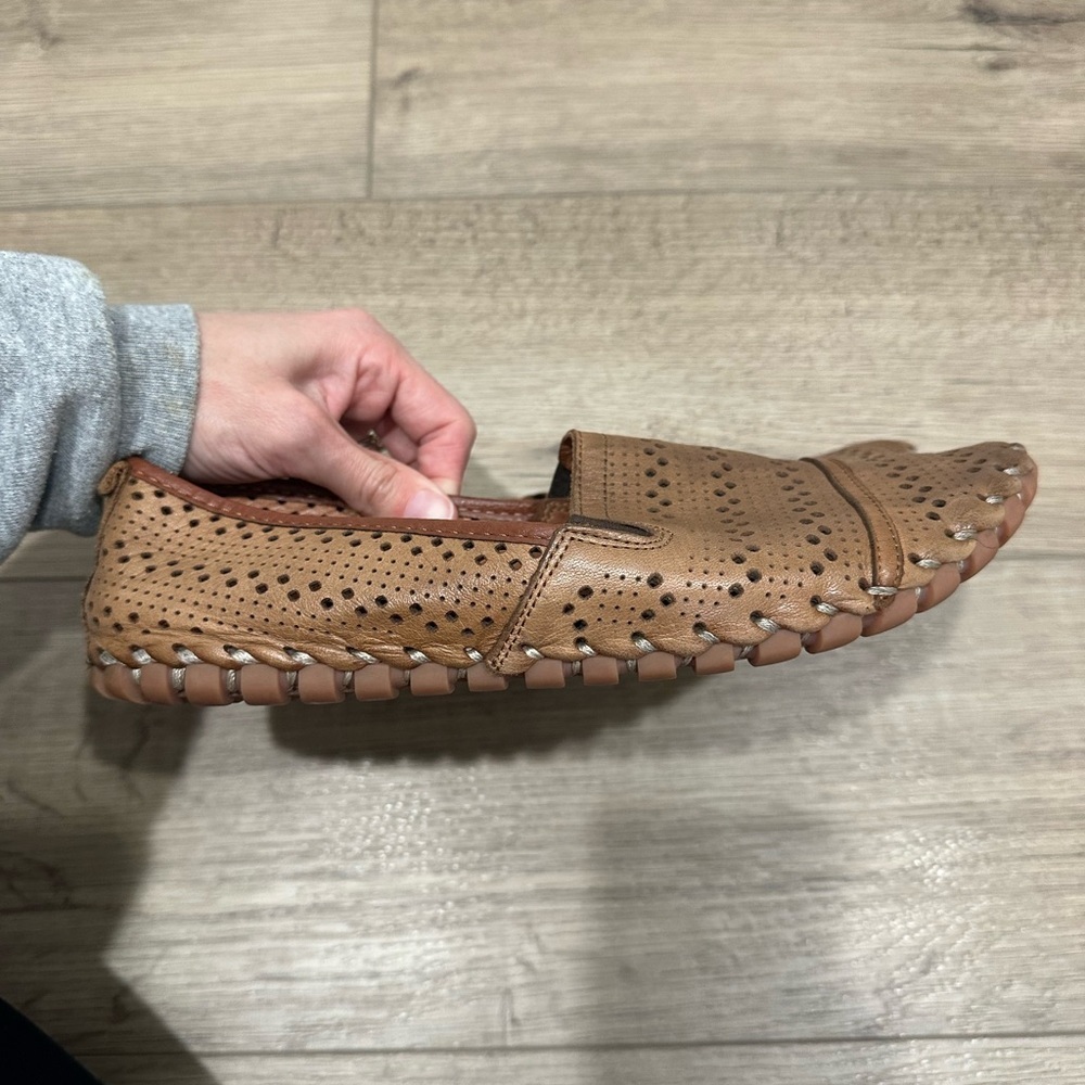 SPRING STEP Freida Leather Laser Cut Loafers Flat Whipstitch Lt Brown Comfort 40 - Picture 2 of 5
